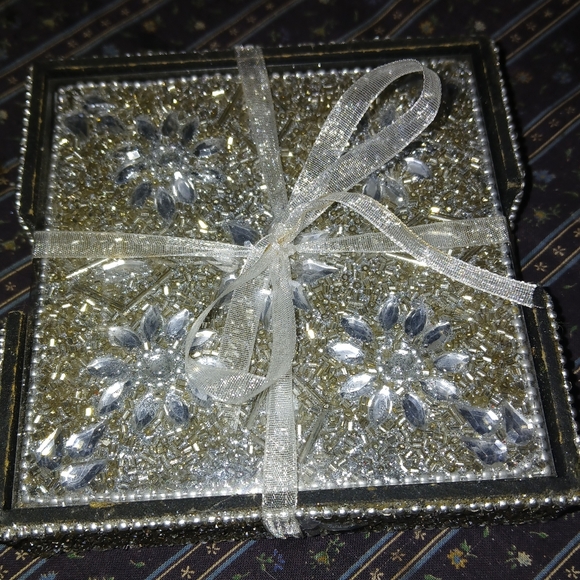 Beaded Coasters Set Beekman Rhinestone Crystals Silver